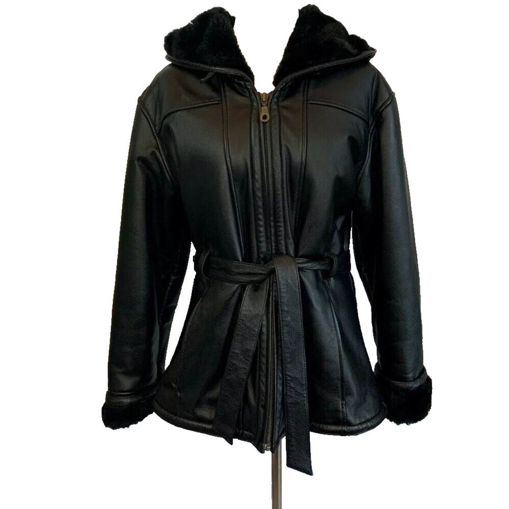 Wilson's Leather Coat Women's Medium Black Belted Faux Fur